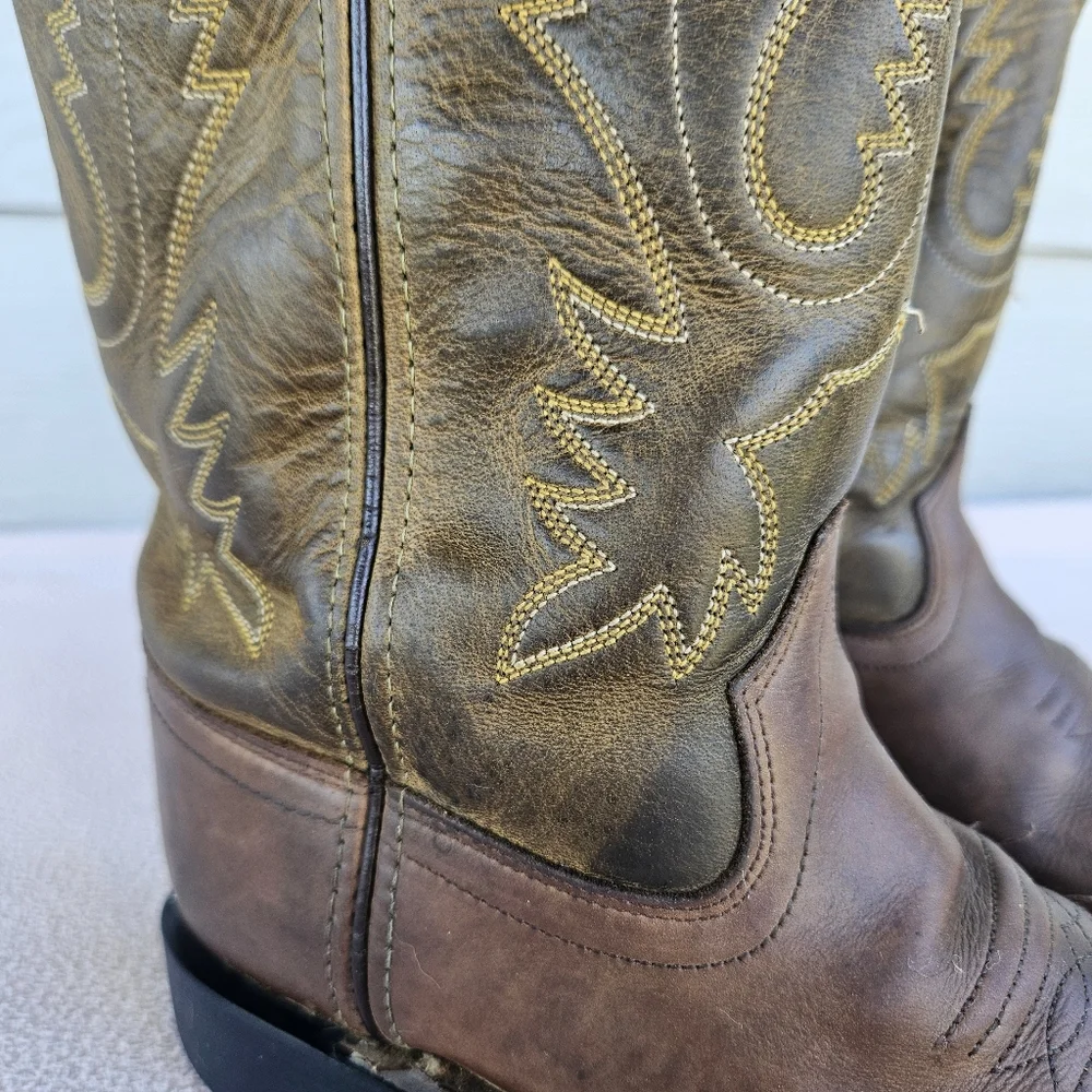 Old West Brown Leather Square Toe Western Cowboy Boot Youth SZ 1.5 Embroidered